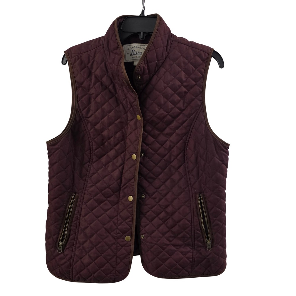 G.H. Bass & Co Womens Quilted Vest Burgundy Brown Trim Snap Front Size L